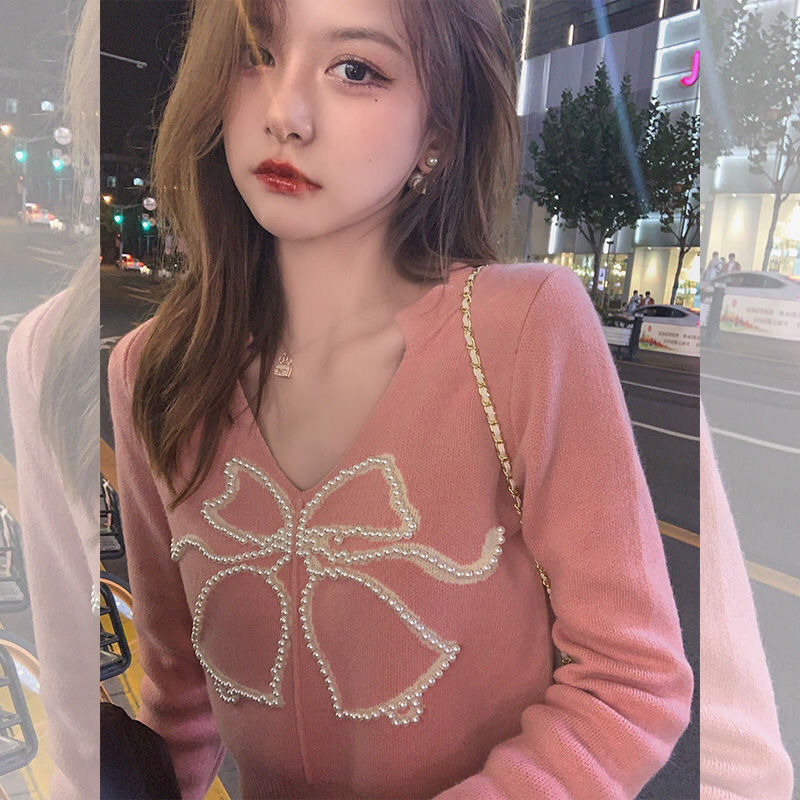 

fashion 2021 New pearl v neck jumper fitting fine knitted sweater short female style femme tops 4 color y504 W1SB, Apricot