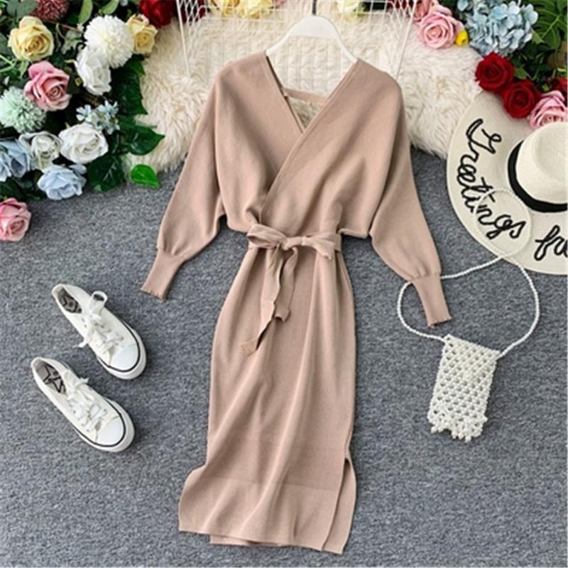 

Casual Dresses Korean Fashion Sexy V Neck Backless Ladies 2022 Autumn Elegant Long Batwing Sleeve Sashes Knitted Women Dress Vestidos, Black;gray