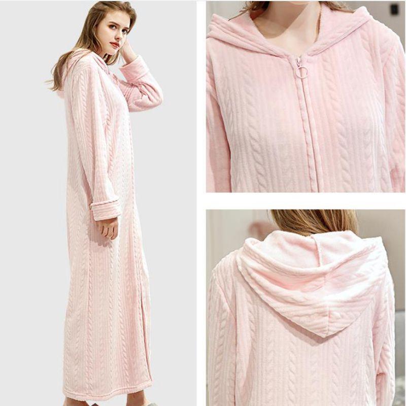 

women robe Hooded robe flannel bathrobe female zipper conjoined home service long warm pajamas nightdress bride wedding, Pink