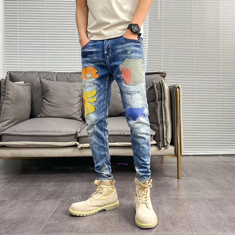 

Men Torn Patch Slim Fit Jeans Blue Elastic Embroidery Casual Denim Pants Fashion Ripped Streetwear For Man size 28
