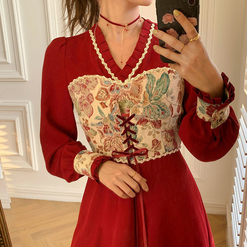 

Patchwork Party Spring Elegant Designer Lace Midi Casual Print French Retro Korean Women 2021 New L2fm, Red