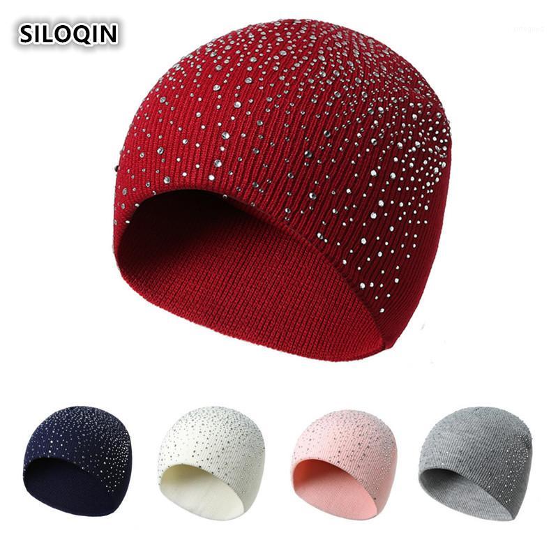 

Beanie/Skull Caps SILOQIN Autumn Winter Lady Brands Fashion Warm Beanie Hat Rhinestone Decoration Knitting Wool Cap Elegant Woman Hats1, White