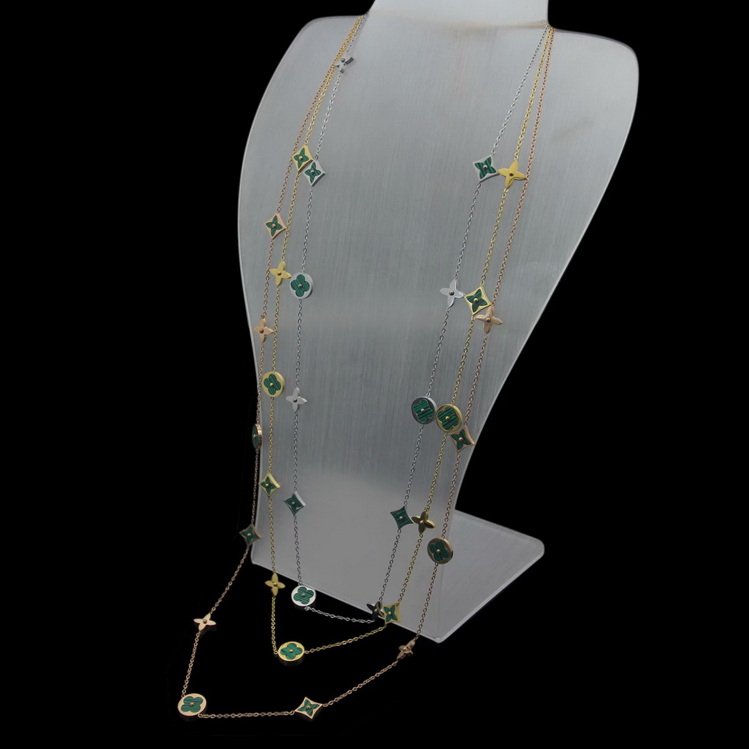 

Europe America Style Lady Women Titanium steel Initials Long Necklace Sweater Chain With 11 Motifs Mother of Pearl Malachite Flower Charm