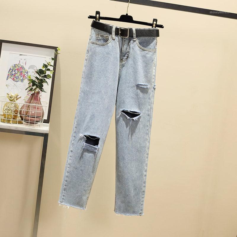

Plus Size Loose High Waist Ripped Hole Denim Straight Leg Jeans for Women1, Light blue