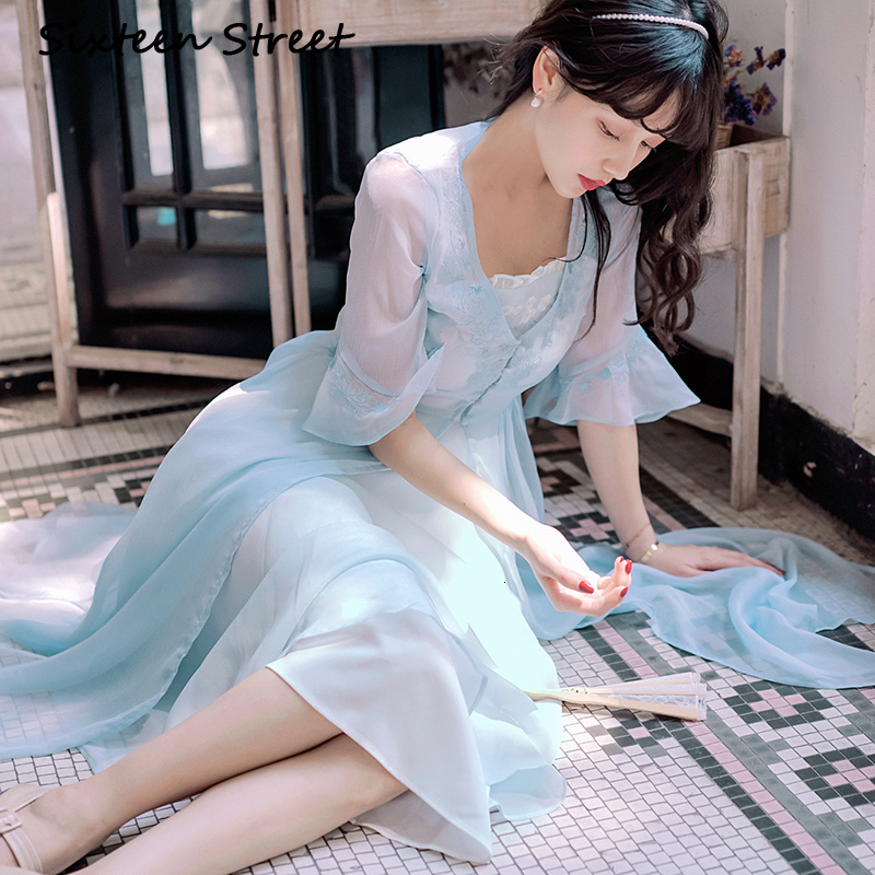 

2021 Chiffon Two Pieces Suit Long Women's Blue Pantsuit Mid-sleeve Calf Dress Elegant Party Summer Oyc0