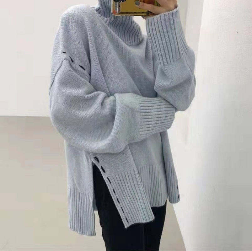 

2021 New Female Turtleneck Oversized Solid Dotted Line Ledge Knitting Sheath Women's Jumper Girly Knit Clothes G99W, Navy