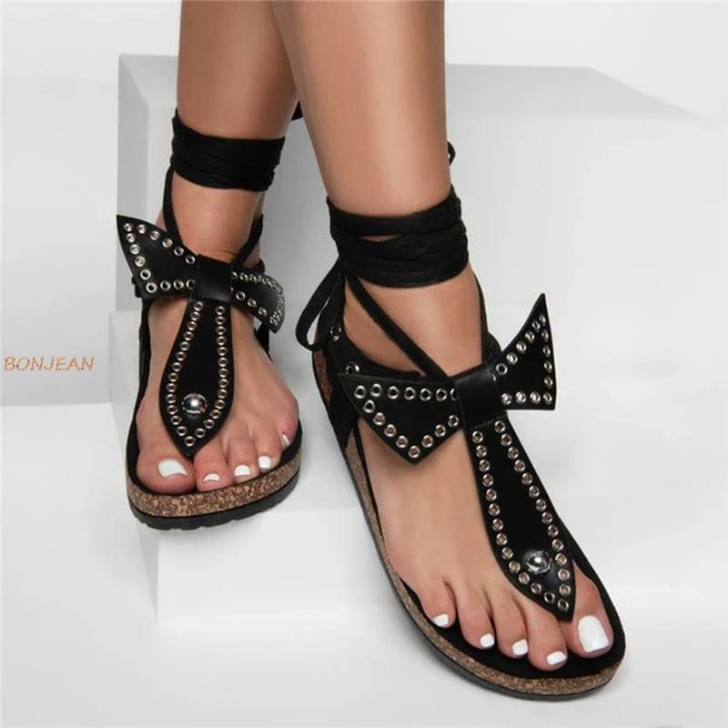 

Women Summer Flat Sandals Shoes Woman PU Leather Bohemia Bow With Fashion Rivet Sandalias Big Size 34-43 Mujer Sapato Feminino, Beige