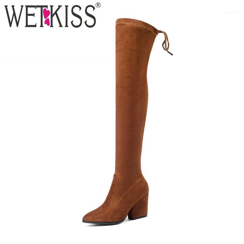 

WETKISS 2020 Fashion Trend Women Stretch Thigh High Boot Thick High Heels Lady Winter Shoes Female Lace Over Knee Boot Big1, Red