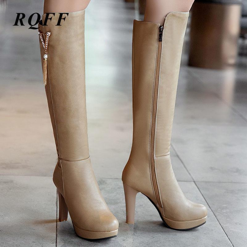 

2020 Winter Women's Knee High Boots Autumn Woman Plus Size 33-43 Puleather Sexy Super High Heels Shoes for Beige Brown Black