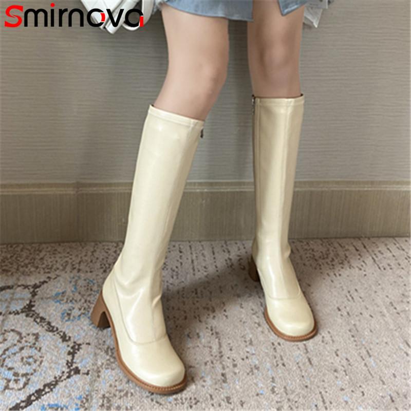 

Smirnova Newest Women Shoes Stretch Genuine Leather Knee High Boots Round Toe Zip Vintage High Heels Riding Boots Women 2021, Black