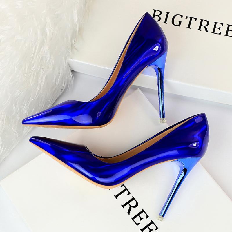 

2020 New Fashion Women Designer Blue Green High Heels Pumps Patent Leather Stripper Stiletto Wedding Holographic Shoes Plus Size1