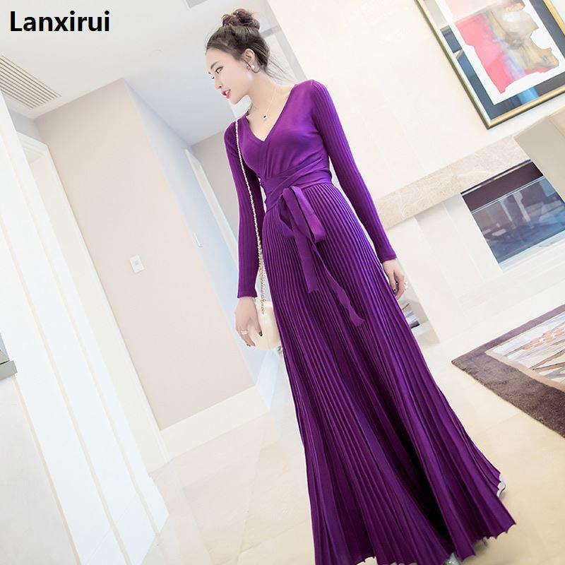 

womens dresses new arrival black / burgundy / purple knitted dress sexy deep v neck tie belt long sleeve pleated maxi dress