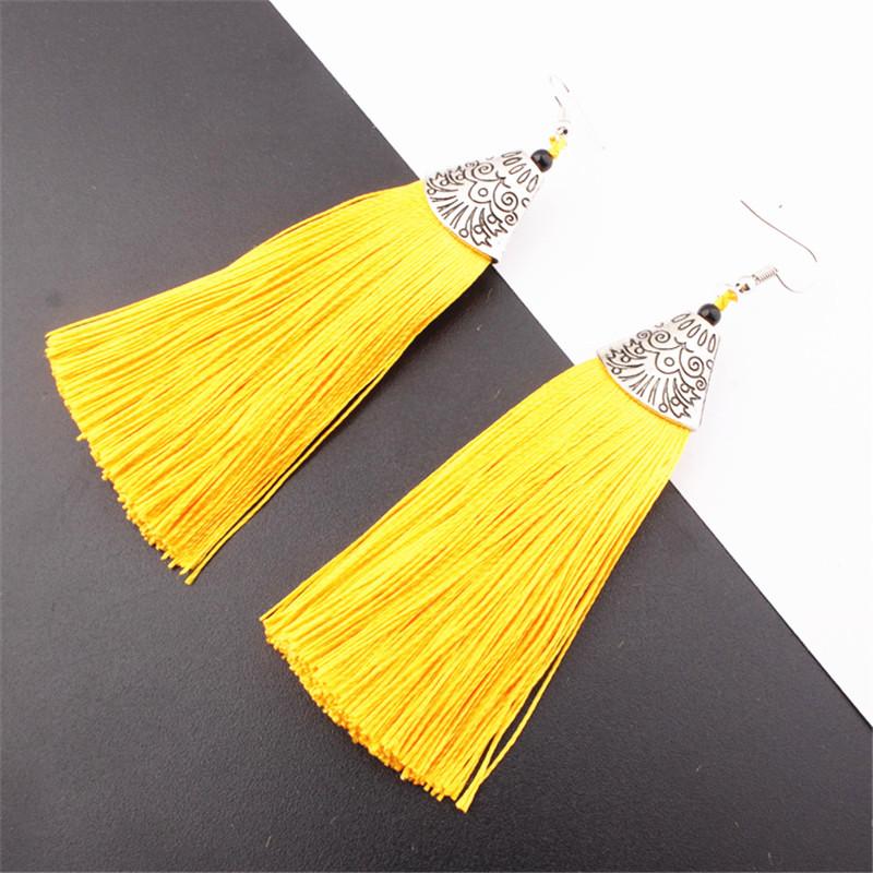 

QUMORAIN Retro Earring For Women Bohemian Long Tassel Drop Dangle Earrings Ethnic Yellow Blue Black Silk Fabric Earings