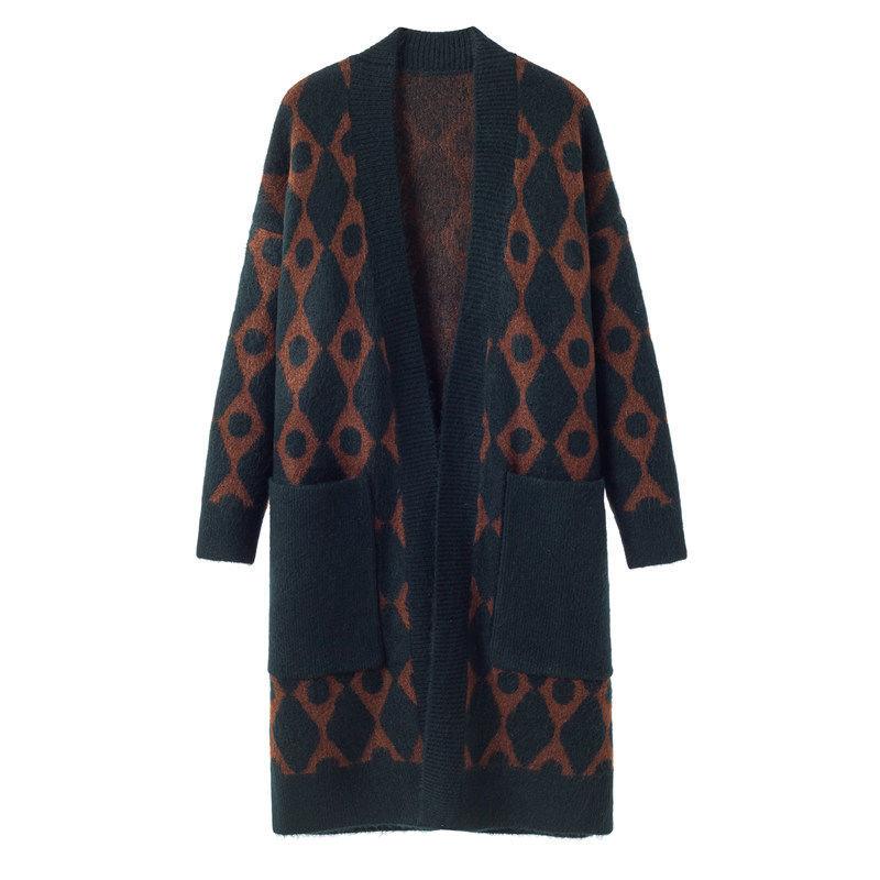 

Women' large Hanfeng diamond Plaid knitted cardigan for women' knee length pocket sweater coat, Green