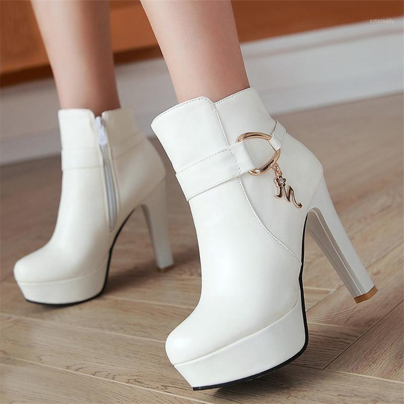 

Fashion Platform Ankle Boots Women Shoe Waterproof Autumn Winter High Heels Women's Ankle Black White Pink Boots For Women1, Beige