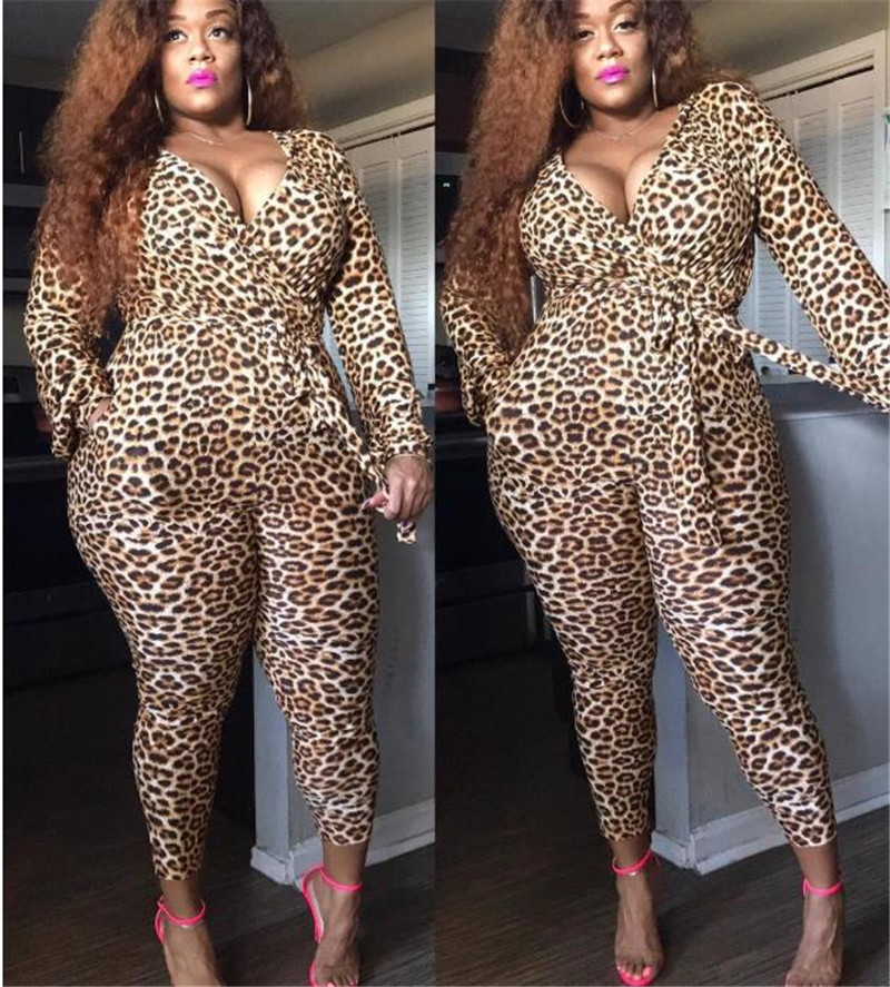 

Fashion Womens Leopard Printed Rompers Casual V Neck Designer Plus Size Jumpsuits Sexy Womens Plus Size Clothing
