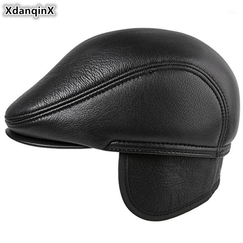 

XdanqinX Winter Men's Earmuffs Cap Genuine Leather Hat Thick Warm Berets New Sheepskin Leather Elderly Dad's Hat Ski Cap For Men1, Black