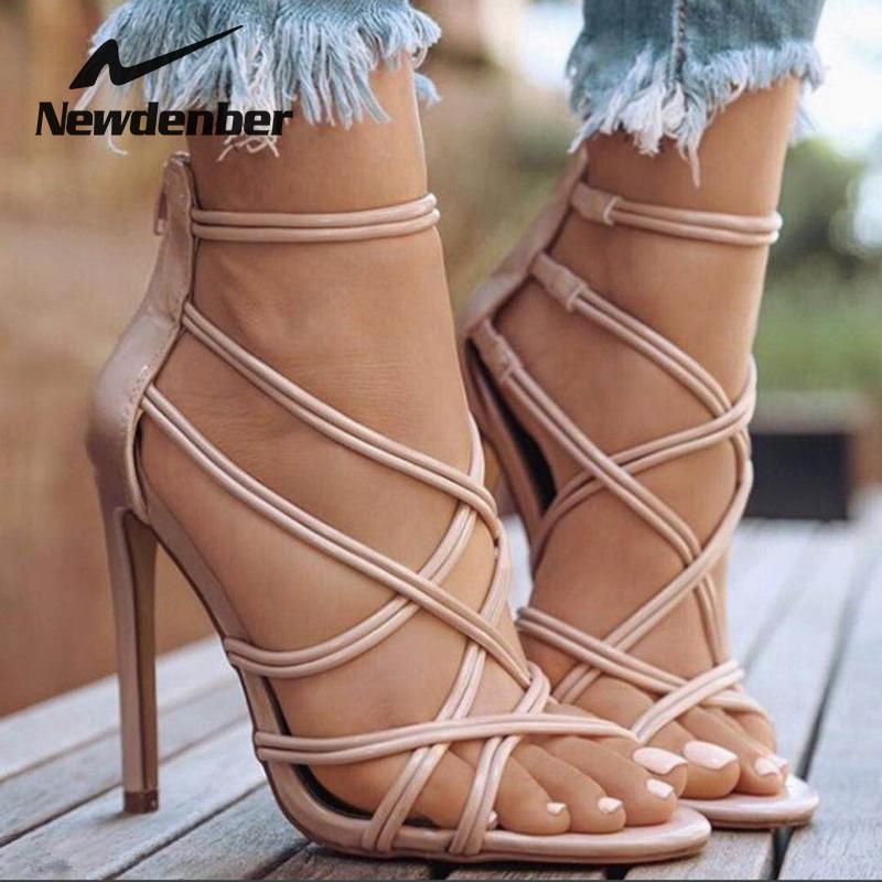 

2021 Fashion Summer Sandals Lace Up Cross-tied Peep Toe High Heel Ankle Strap Hollow Out Sandals Back Zip Black Apricot Gold