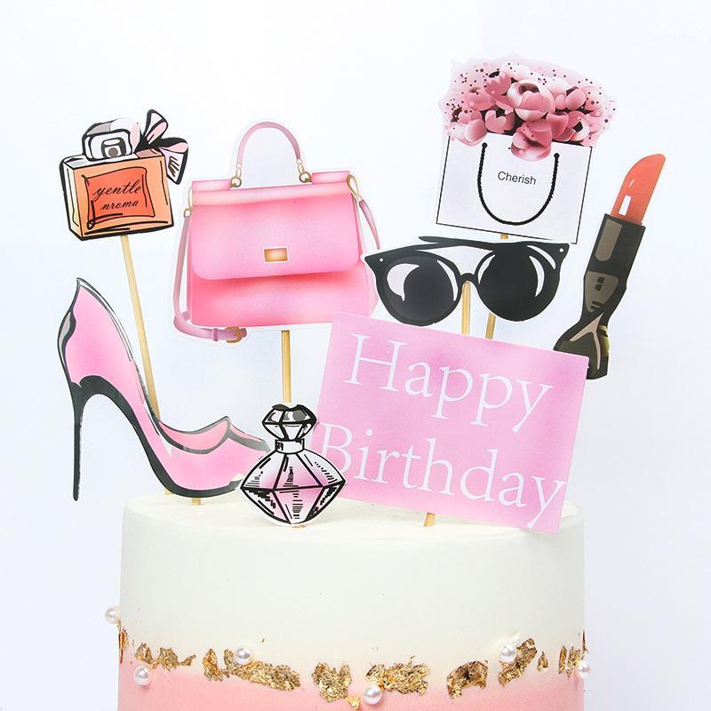 

8/9pcs Pink Happy Birthday Cake Topper for Wedding Party Cupcake Party Decoracion Fashion Lipstick opper Cake Supplies Flower1