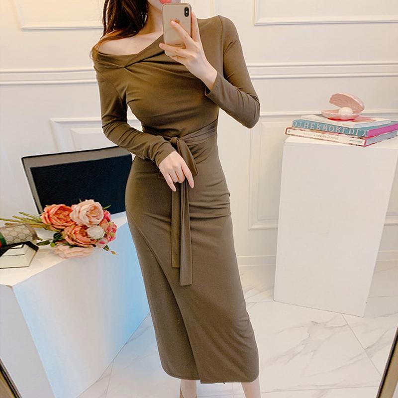 

new arrival fashion spring autumn korean style solid midi dress women elegant temperament office lady basic simple a-line dress, Brown