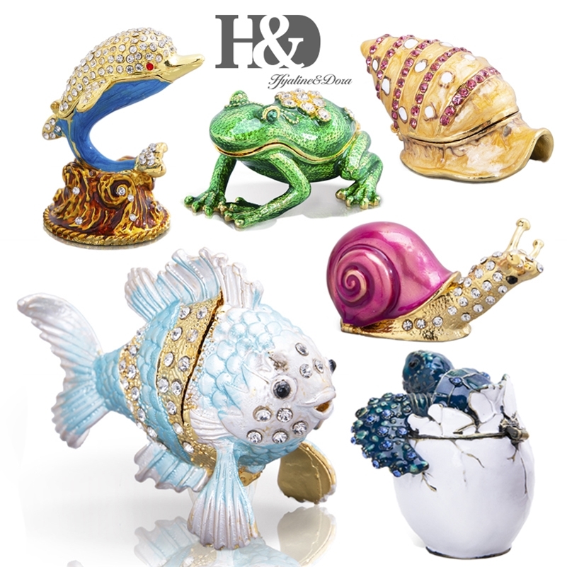 

H&D Hand Painted Enamel Animal Figurine Crystal Jeweled Hinged Trinket Boxes Decorative Jewelry Box Collectible Christmas Gift 201128