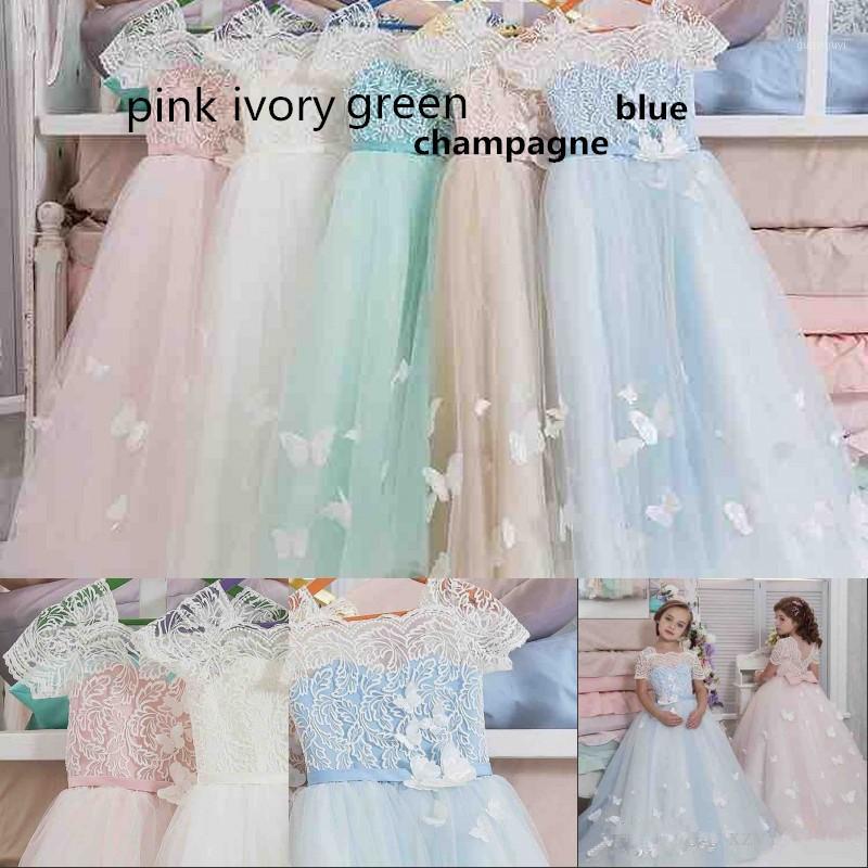 

Beautiful Butterfly Flower Girls Dress Sqaure Neck Lace Appliques Bow Short Sleeve Girls Pageant Gown Lovely Floor Length Dress1, Ivory as image