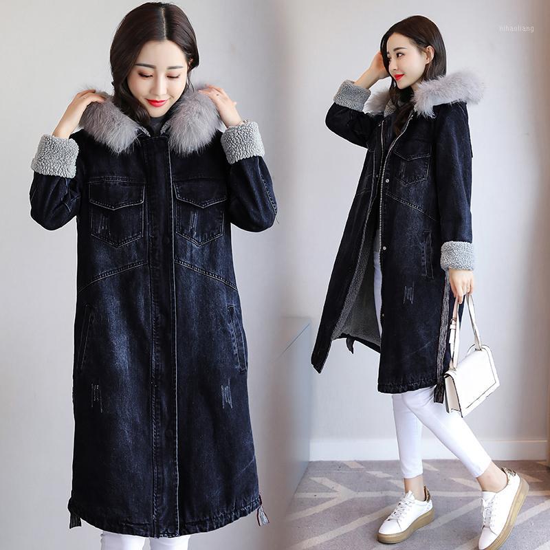 

Hooded jackets Thick Fashion 3XL For long Korean Coat Cotton Women style Jacket Plus Size Denim Wool Lambs women Winter1, Deep blue