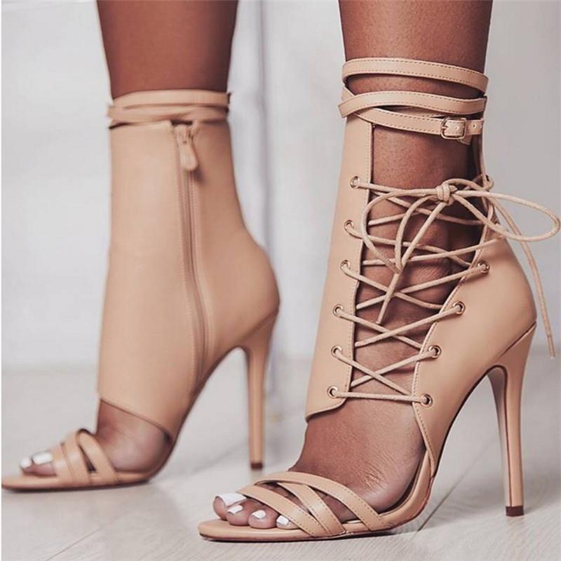 

Roman Buckle Strap Shoes Women Sandals Sexy Gladiator Lace Up Peep Toe Sandals High Heels 11.5CM Woman Ankle Boots Black Aprict