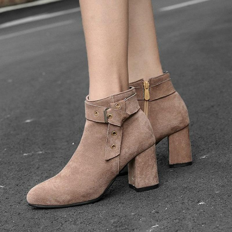 

ZawsThia Elegant Lady Winter Autumn Shoes Beige Grey Round Toe Block High Heeled Sexy Ankle Boots For Women Large Size 46 47 48
