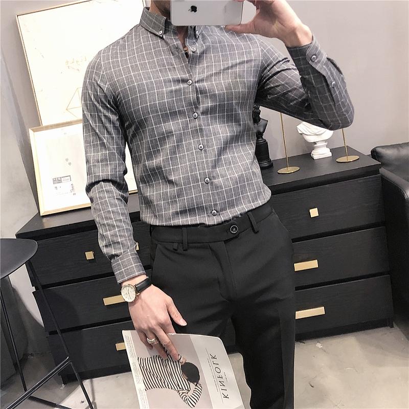 

British Style Spring New Long Sleeve Plaid Shirts Men Clothes 2021 Simple Slim Fit Formal Wear Business Office Blouse Plus Size, Light gray