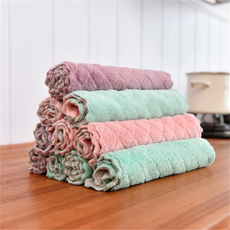 

5 Pcs/lot  Small Double-Sided Absorbent Kitchen Dishcloth Non-Stick Oil Wipes Scouring Pad Coral Fleece Hand Towel, As pic