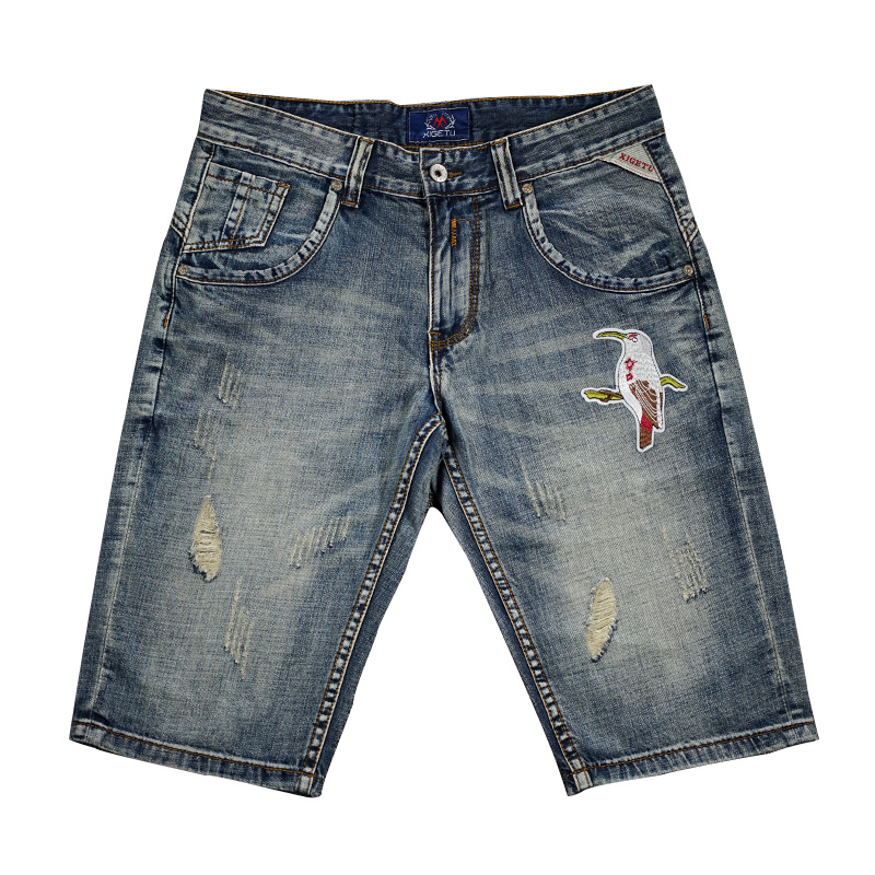 

2021 New Summer Male-style Jeans Embroidered Bird-colored Clothes Denim Short Stripe Male Shorts! 4bvf, Blue