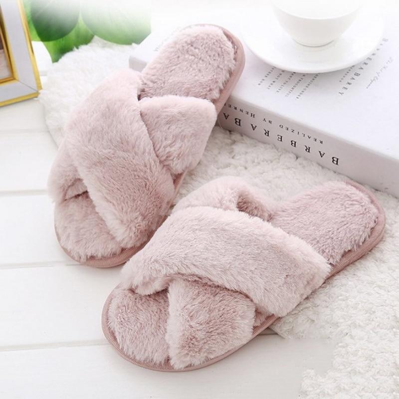 

Women Fluffy Winter Sandal Cross Plush Open Toe Sandal Soft Flat Shoes Warm Faux Fur Slipper Home Female Shoes, Socks