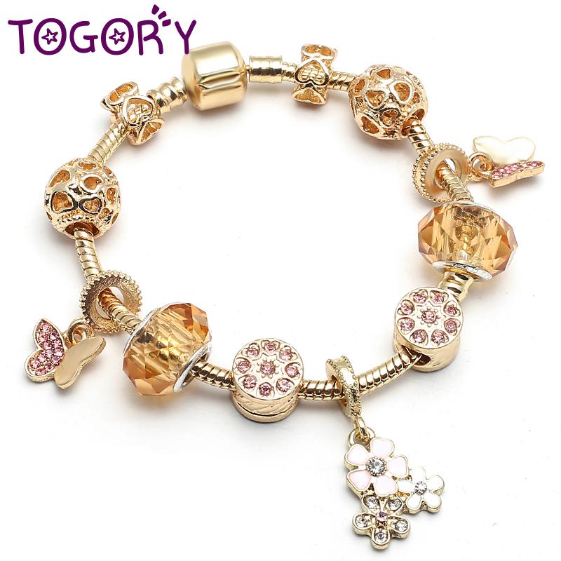 

TOGORY Blooming Daisy Pendant Charm Bracelets For Women Gold Color Crystal Murano Glass Beads Snake Chain Brand Bracelet Jewelry
