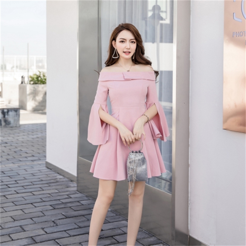 

Summer Elegant Pink Slash Female Neck Lady High Waist Enlargement Dressed in Vdjd