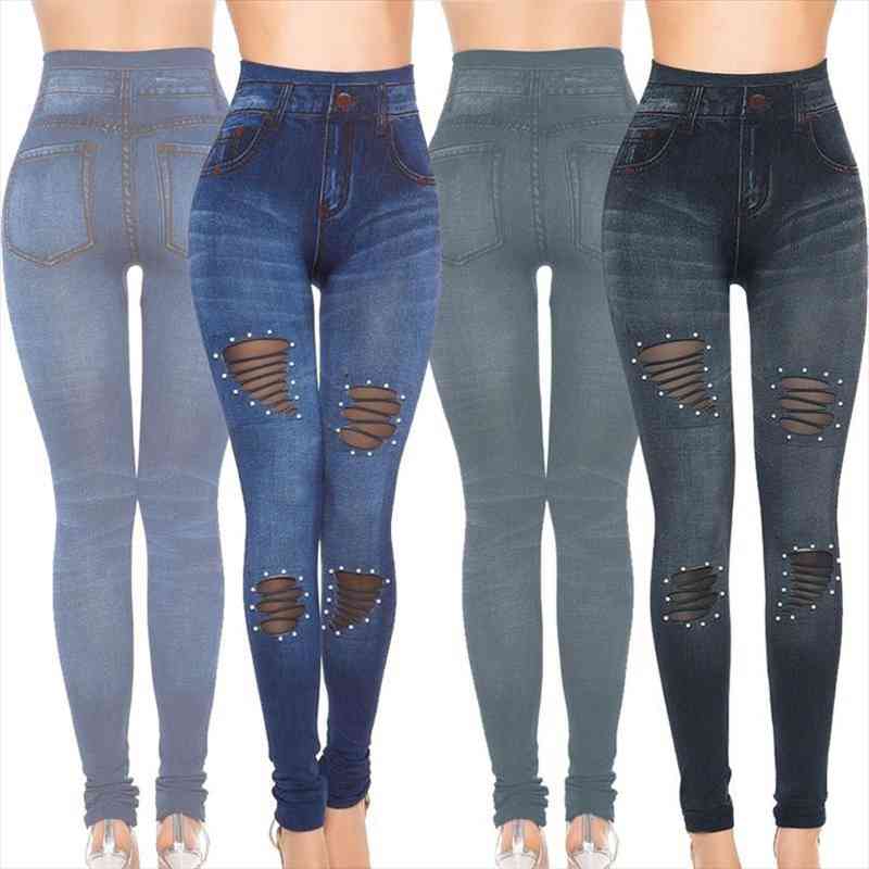 

Blue Jeans Plus Size Leggings For Women 3xl High Waist Pencil Pants Ripped Skinny Leggings Elastic Sexy Skinny Thin Pants, Black