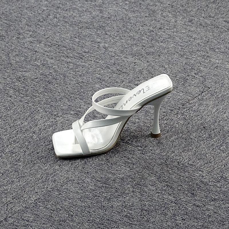 

Female Sandals Sexy Summer Slippers Ladies High Heels Square Open Toe Slides Party Shoes Women Black White Apricot