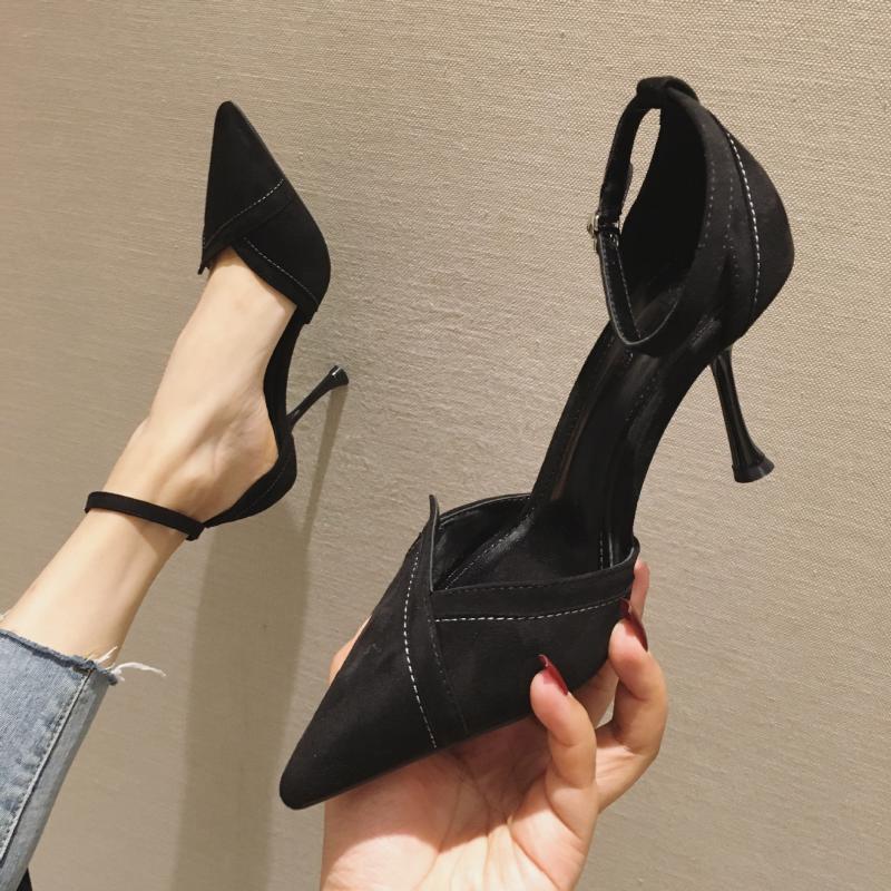 

Sandals Women High Heels Shoes Flock Buckle Strap Pointed Toe Shallow Mouth Female Shoes Fashion Women, Heels 8.5 cm