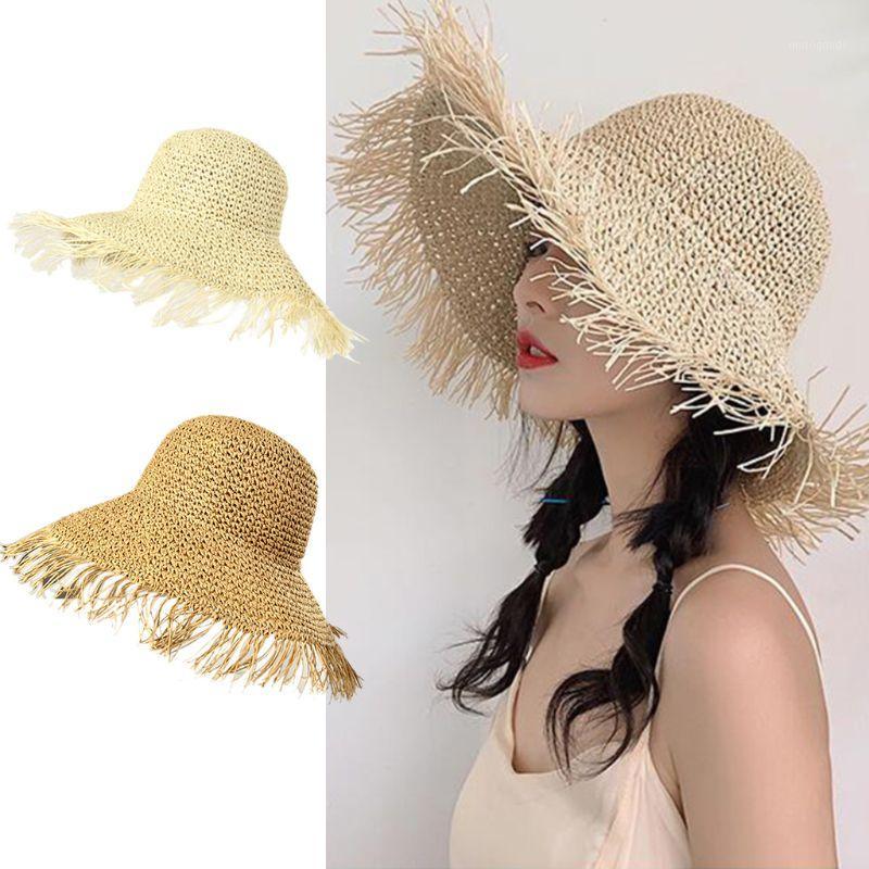 

Women Summer Crochet Woven Straw Sun Visor Hat Fringed Tassels Large Wide Brim UV Protection Floppy Packable Beach Cap1, Khaki