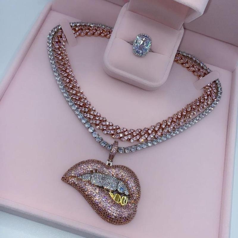 

Hip Hop Bling Big Pendant Micro Pave Pink Cz White Yellow Tooth 5A Zirconia Tennis Chain Drip Lip Pendant Necklace