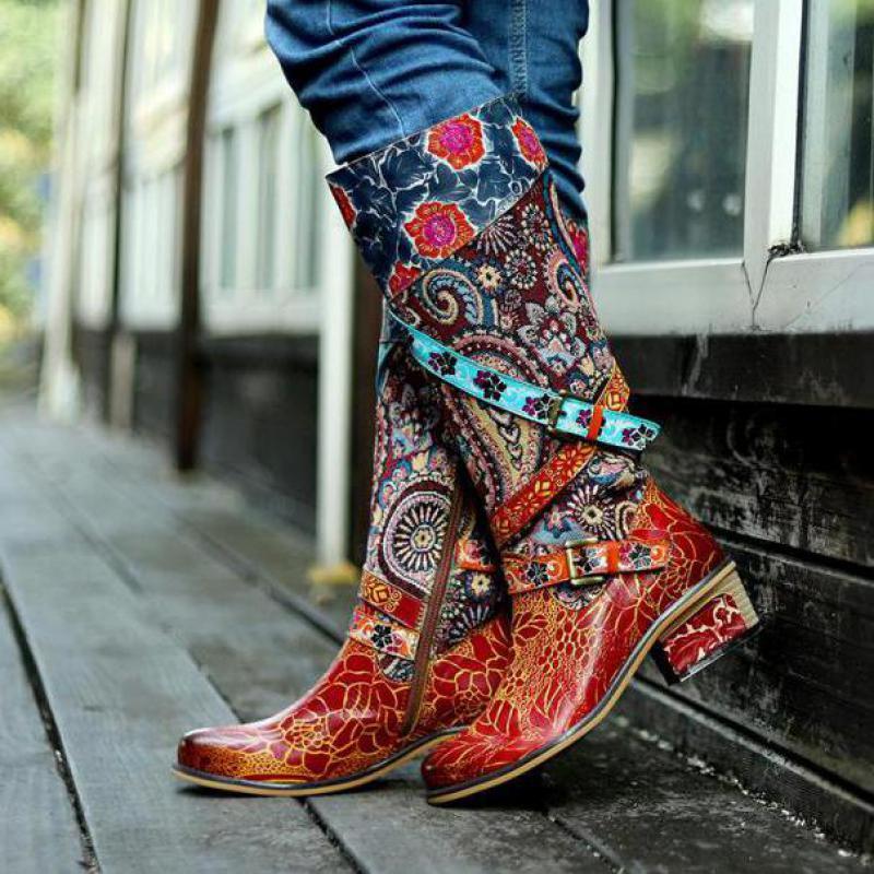 

Johnature Genuine Leather Women Shoes Platform Boots Hand-painted Round Toe 2020 New Winter Zip Fabric Flower Women Boots, Brown
