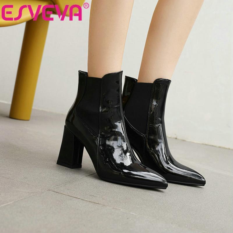 

ESVEVA 2021 Fashion Slip On Square High Heel PU Leather Ankle Boots Women Boots Shoes Platform Pointed Toe Size 34-431, Black