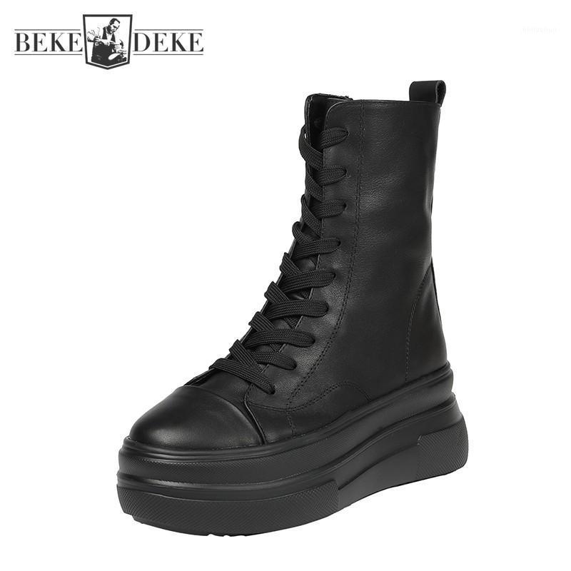 

Women Genuine Leather high Top Shoes Thick Bottom Platform Ankle Boots Female High Heel Autumn Winter Gothic Black White Boots1