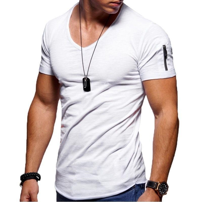 

Summer Short Sleeve Men's V collar T shirt Fitness Bodybulding hip hop solid tops, Black