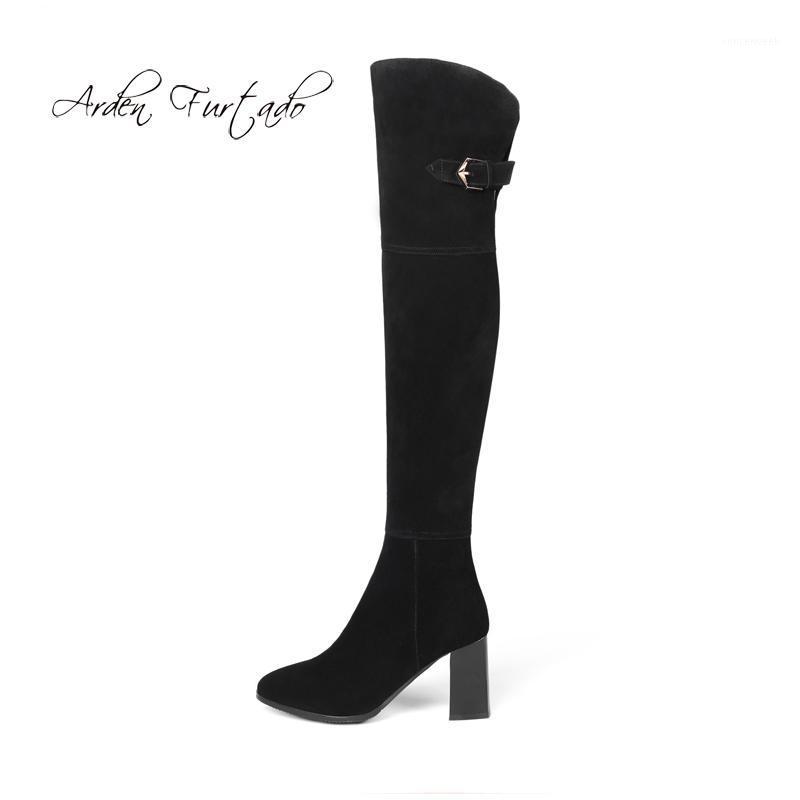

Arden Furtado2020 spring autumn chunky heels high heels 8cm over the knee boots winter genuine leather black suede fashion shoes1