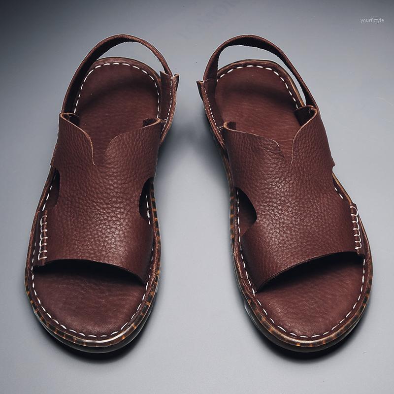 

sandalias hombre de cuero sandalen genuine leather sandals men summer breathable mens hollow beach handmade big size 46 hiking1, Red brown