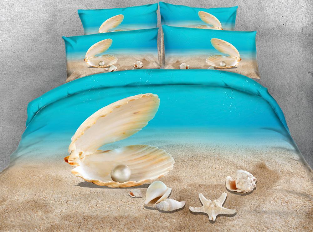 

JF-124 4pcs/set Aqua blue ocean bedding sets king size 3D shell pearl quilt covers queen bedclothes single bedspread kids adult, As pic