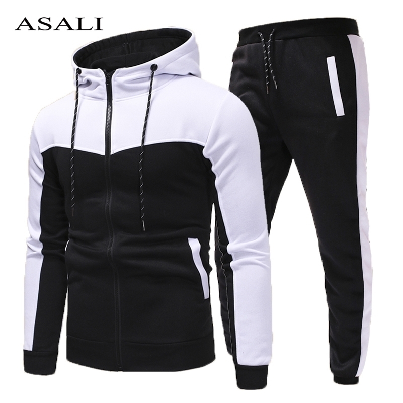 

Tracksuit Two Pieces Set Mens Sportswear Jacket Hoodie + Pants Tracksuits Men Casual Streetwear Male New Patchwork Clothing 201109, Fk067red