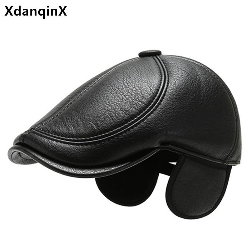 

Berets XdanqinX Winter Faux Leather Hat Men Warm Thick Earmuffs Middle-aged Men's PU Cap Adjustable Size Tongue Caps, Black