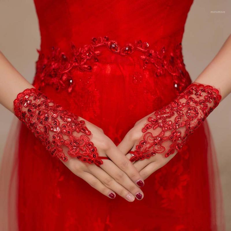 

Party Dress Gloves Red Accessories Elegant Beaded Lace Satin Short Gloves Fingerless Rhinestone #W51